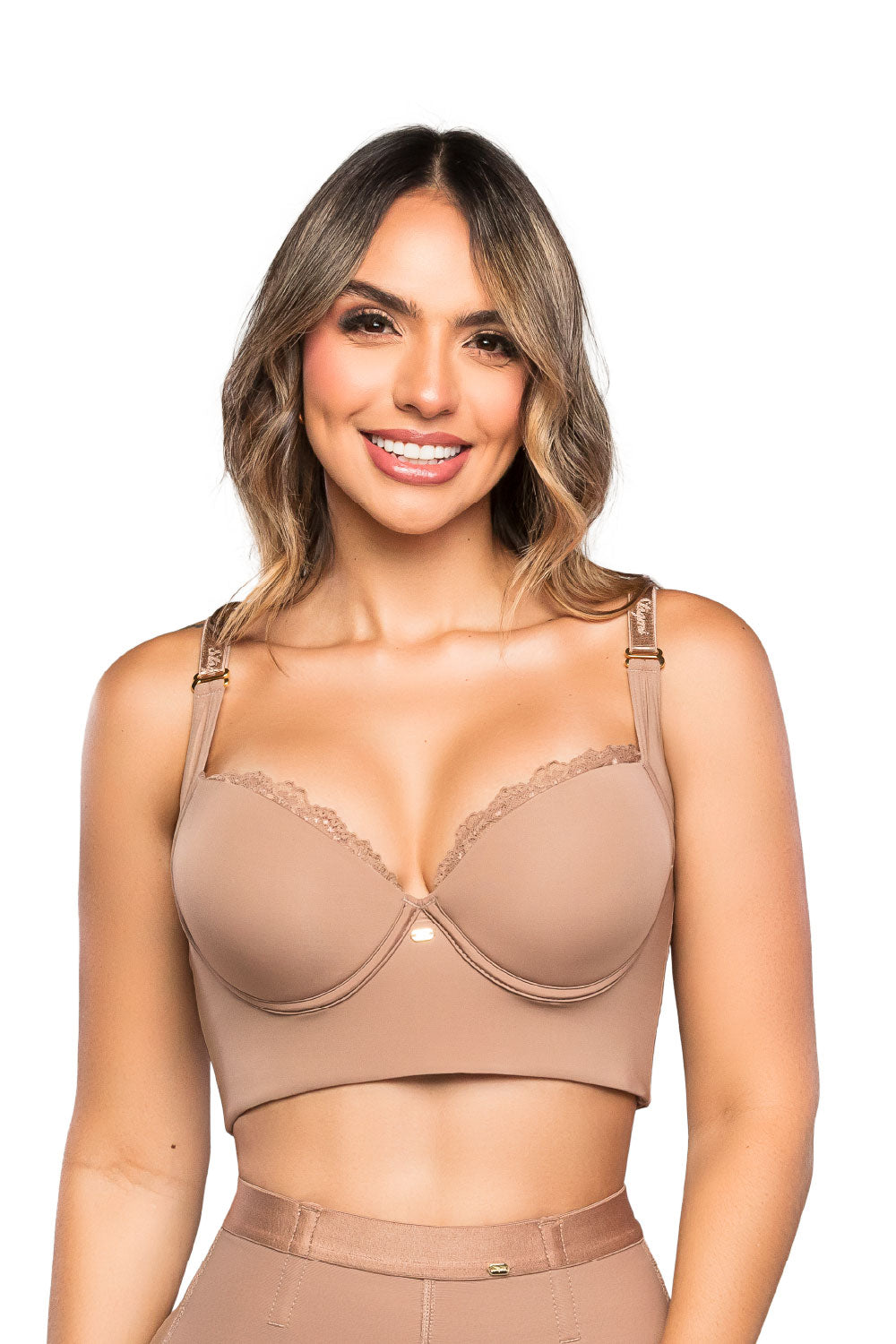 - Brasier negro SMI03050 con encaje en escote y control de espalda
- Vista frontal de brasier liso con copas completas
- Tirantes anchos ajustables y broche trasero con niveles