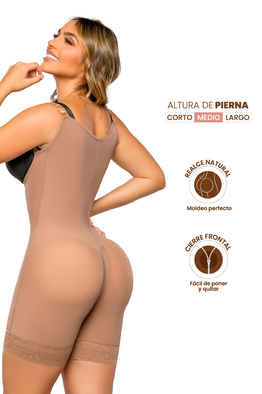 - Faja SMI7089 LA ESBELTA media pierna con soporte lateral removible
- Vista frontal con broches y detalle de cierre perineal
- Parte posterior sin costuras y encaje siliconado en piernas